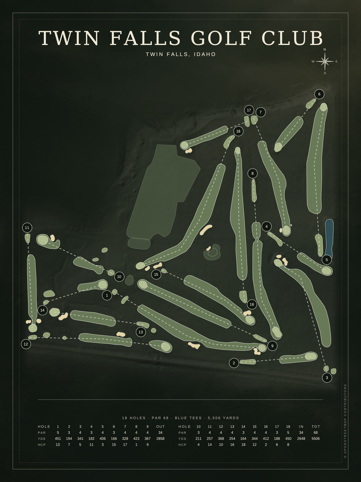 Twin Falls Golf Club course map poster, Architectural style, 12×16 / 18×24