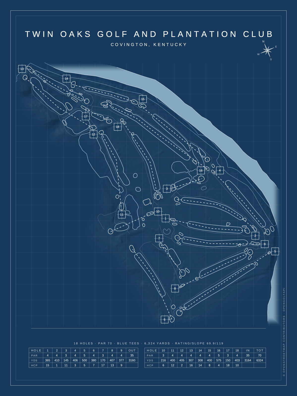 Twin Oaks Golf and Plantation Club course map poster, Blueprint style, 12×16 / 18×24