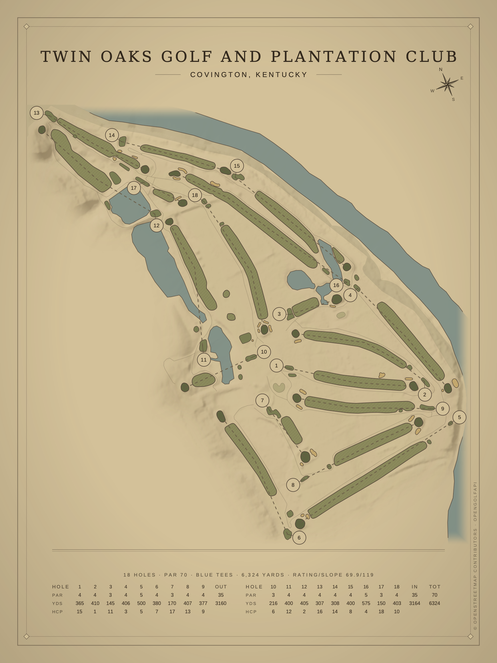 Twin Oaks Golf and Plantation Club course map poster, Vintage style, 12×16 / 18×24