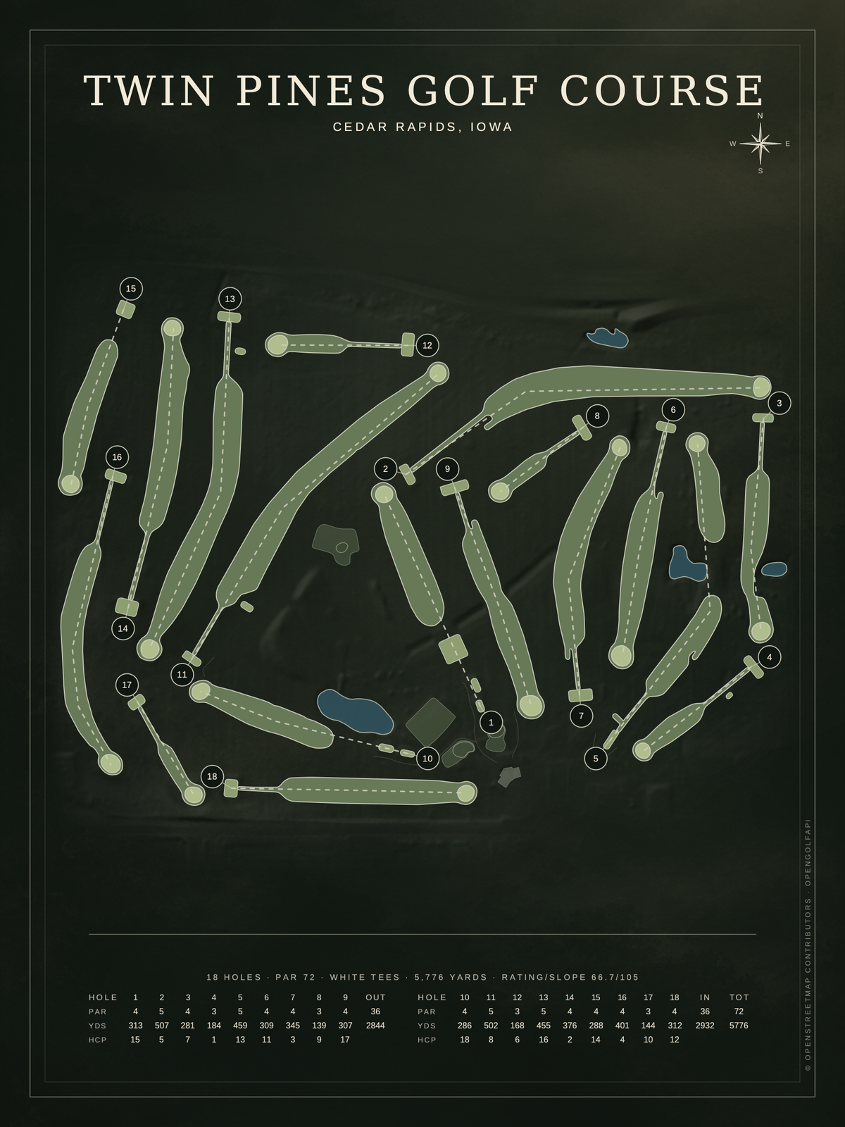Twin Pines Golf Course map poster, Architectural style, 12×16 / 18×24
