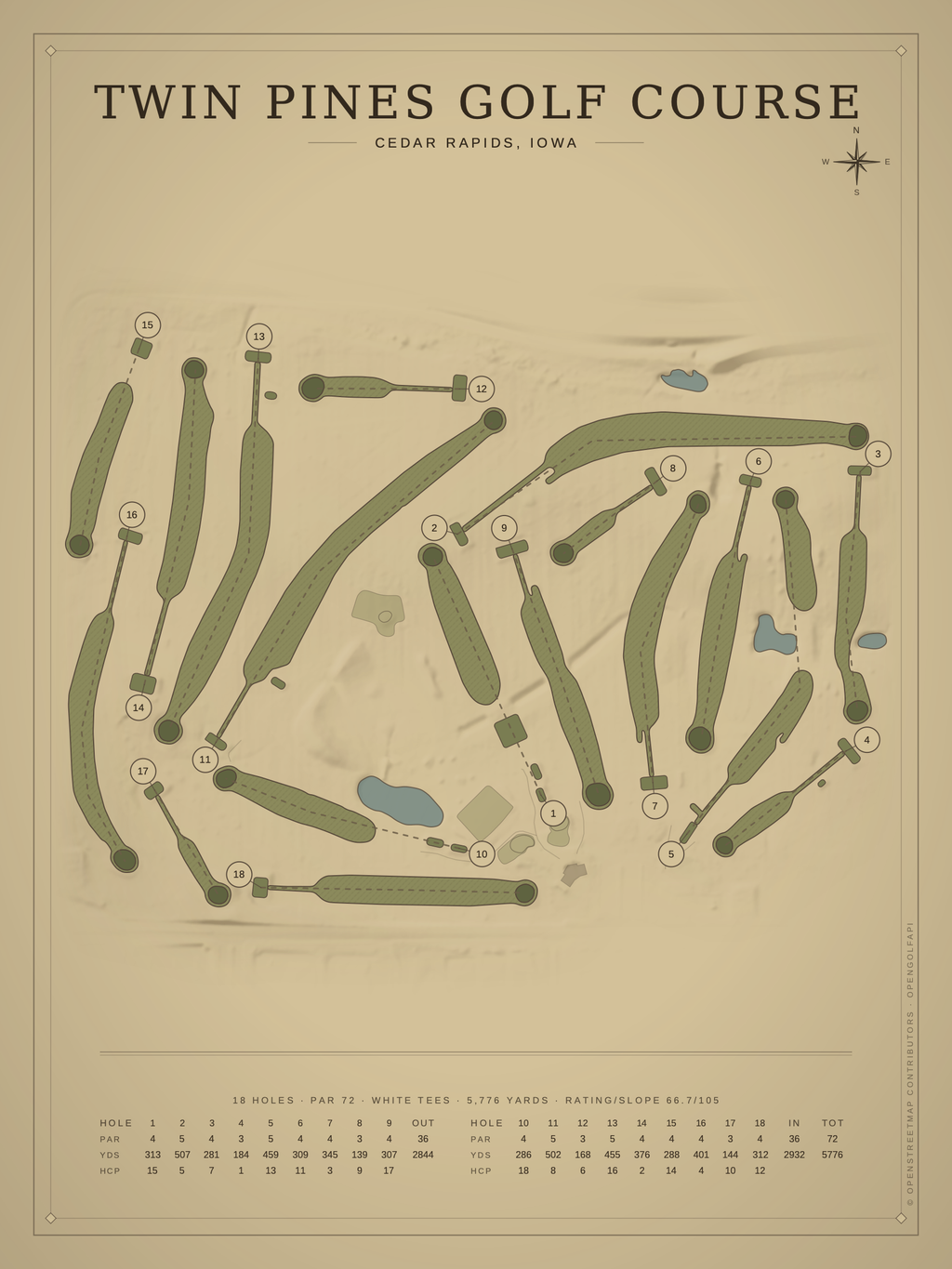 Twin Pines Golf Course map poster, Vintage style, 12×16 / 18×24