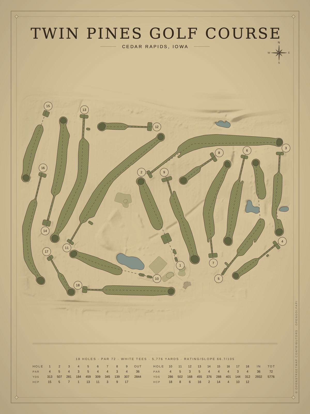 Twin Pines Golf Course map poster, Vintage style, 12×16 / 18×24
