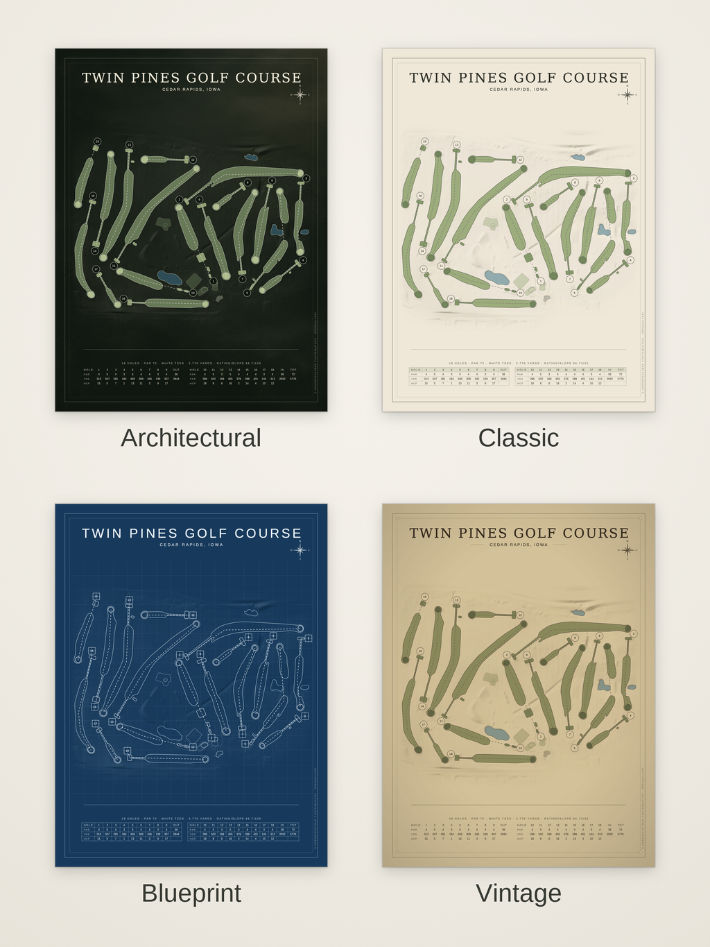 Twin Pines Golf Course map poster in four styles: Architectural, Classic, Blueprint and Vintage