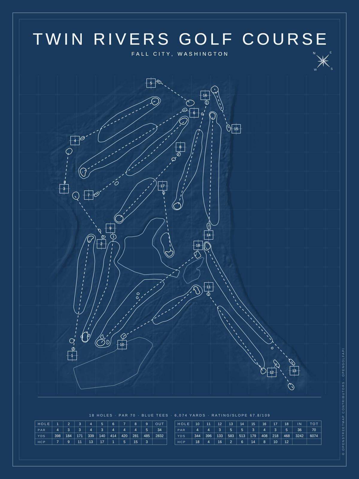 Twin Rivers Golf Course map poster, Blueprint style, 12×16 / 18×24
