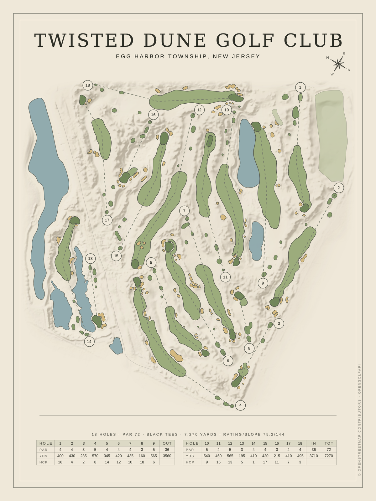 Twisted Dune Golf Club course map poster, Classic style, 12×16 / 18×24