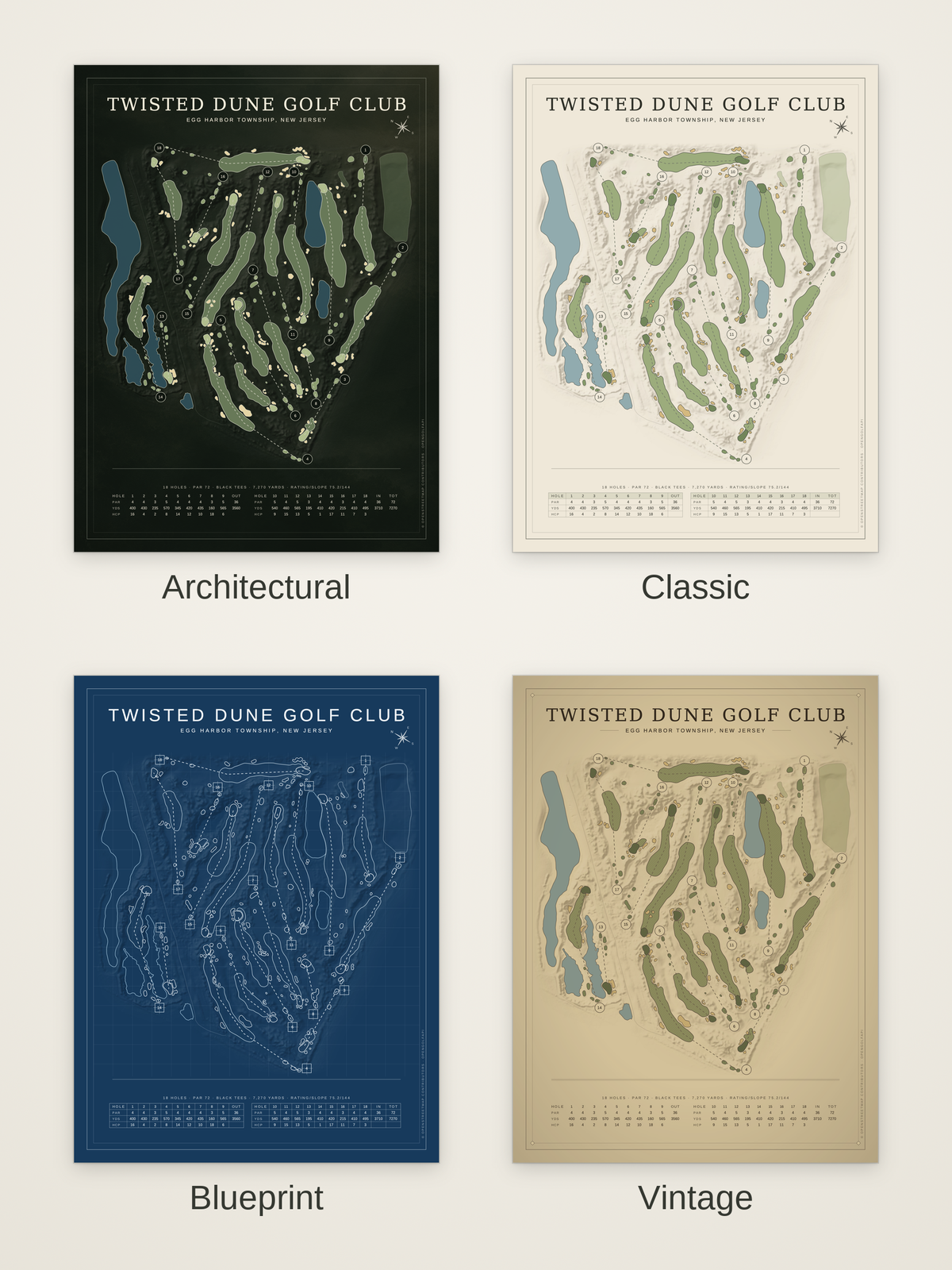 Twisted Dune Golf Club course map poster in four styles: Architectural, Classic, Blueprint and Vintage