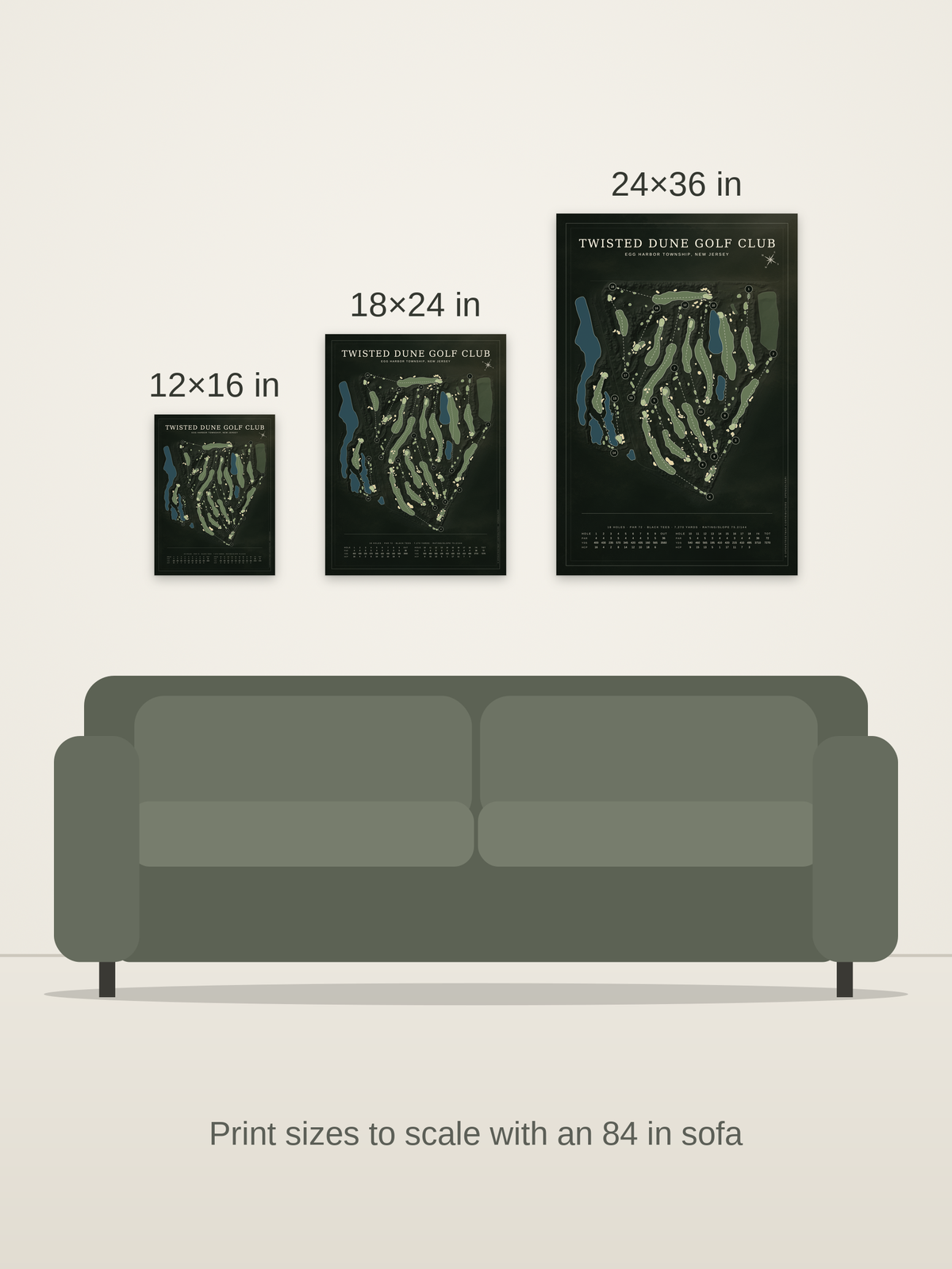 Twisted Dune Golf Club course map poster in the Architectural style at 12×16, 18×24 and 24×36 inches, shown to scale on a wall above an 84-inch sofa