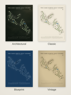 Two Oaks North Golf Course map poster in four styles: Architectural, Classic, Blueprint and Vintage