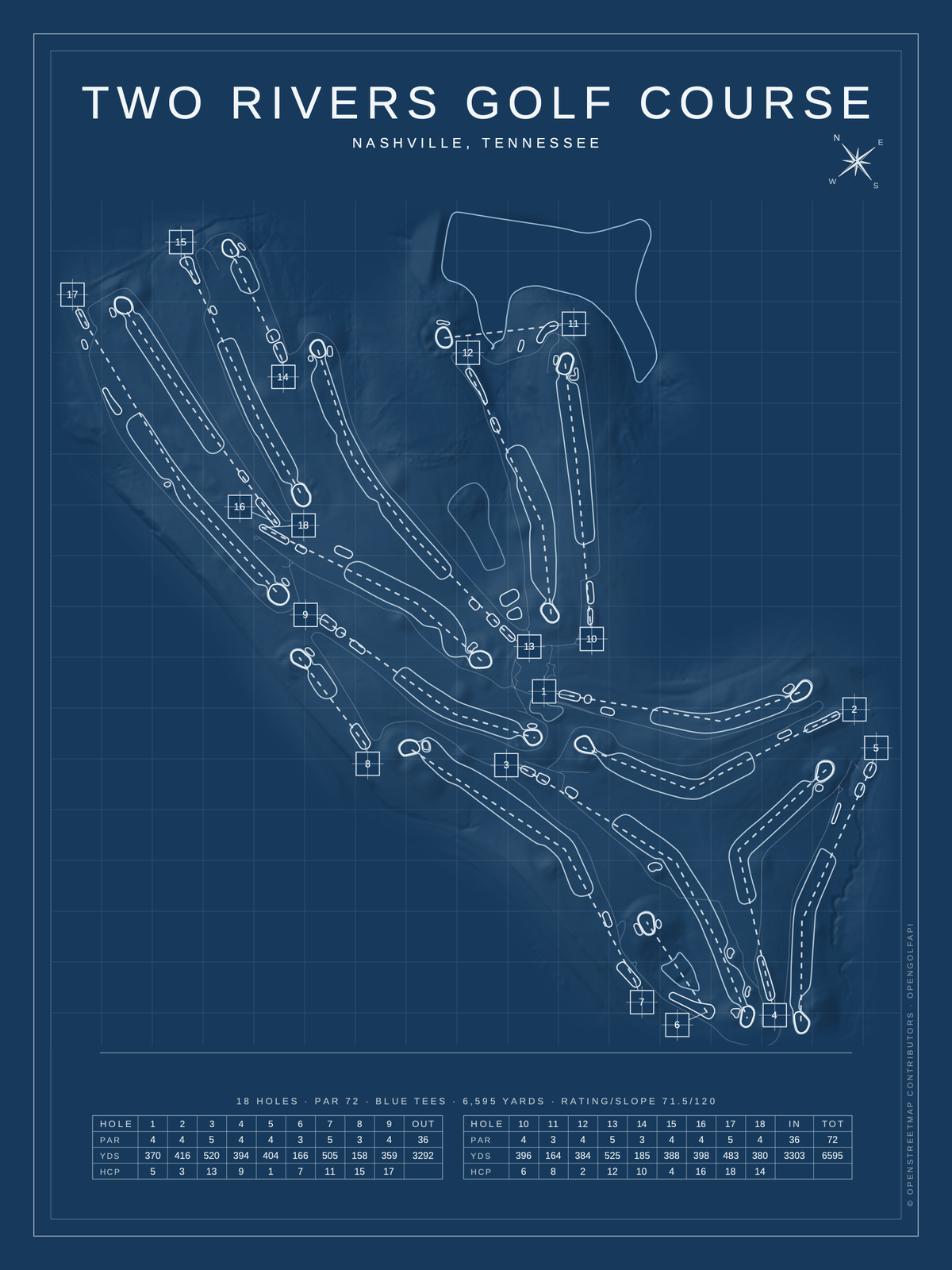 Two Rivers Golf Course map poster, Blueprint style, 12×16 / 18×24