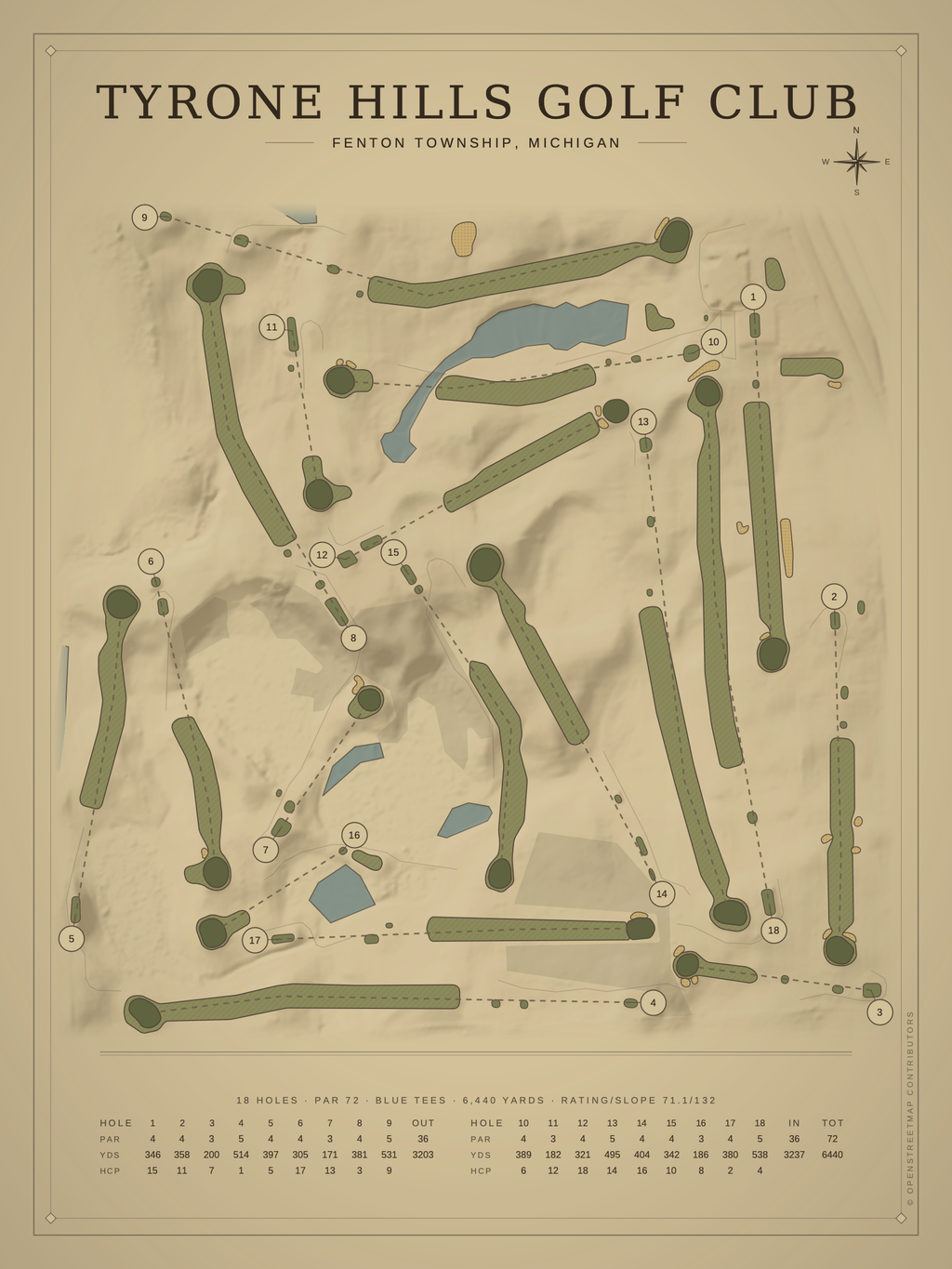 Tyrone Hills Golf Club course map poster, Vintage style, 12×16 / 18×24