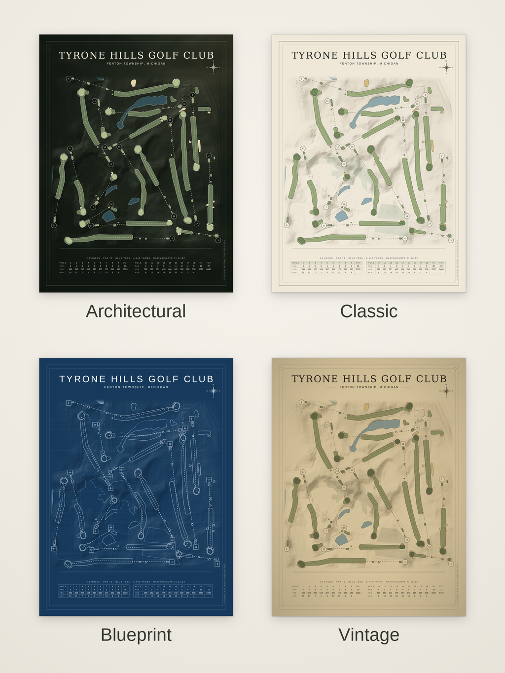 Tyrone Hills Golf Club course map poster in four styles: Architectural, Classic, Blueprint and Vintage
