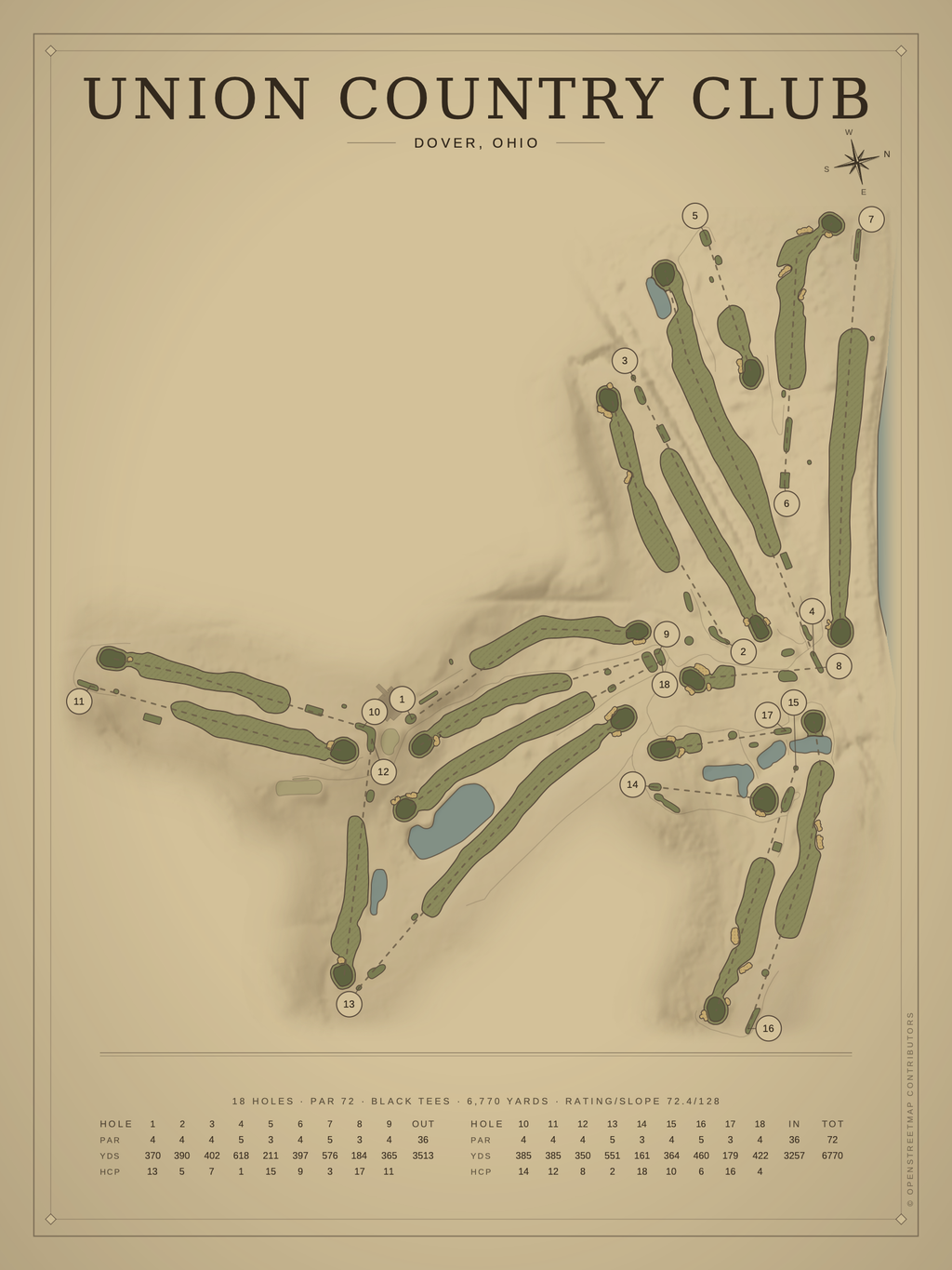 Union Country Club course map poster, Vintage style, 12×16 / 18×24