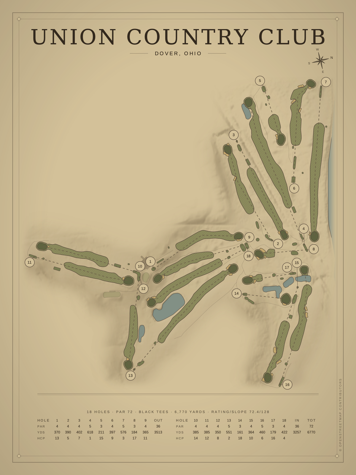 Union Country Club course map poster, Vintage style, 12×16 / 18×24