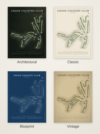 Union Country Club course map poster in four styles: Architectural, Classic, Blueprint and Vintage