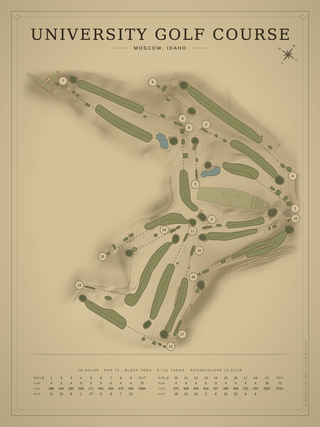 University Golf Course map poster, Vintage style, 12×16 / 18×24
