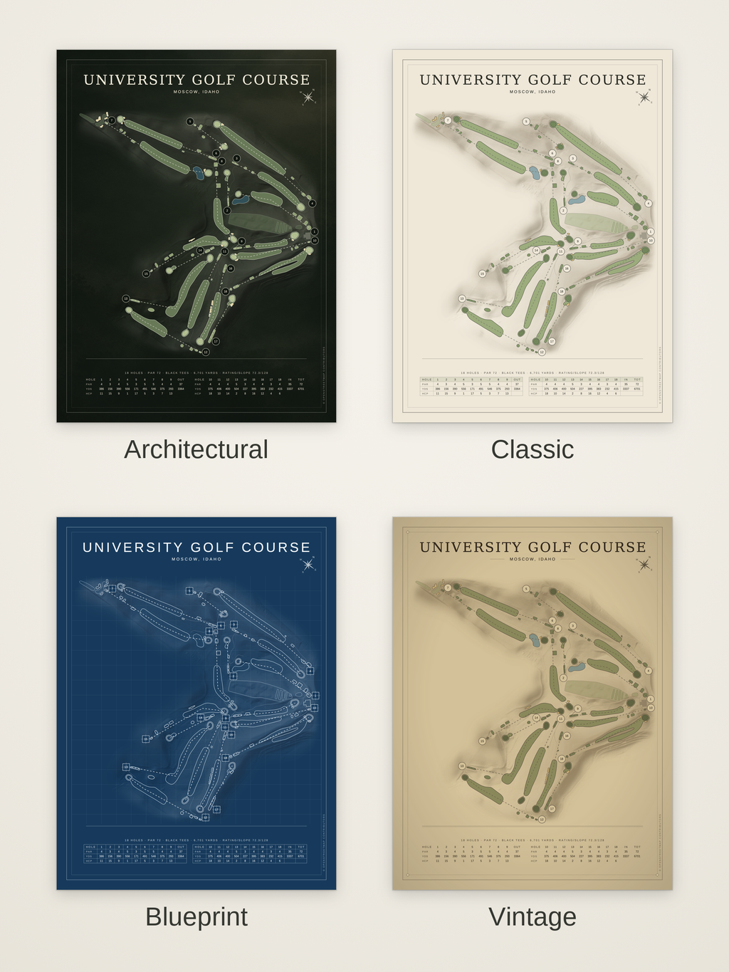 University Golf Course map poster in four styles: Architectural, Classic, Blueprint and Vintage