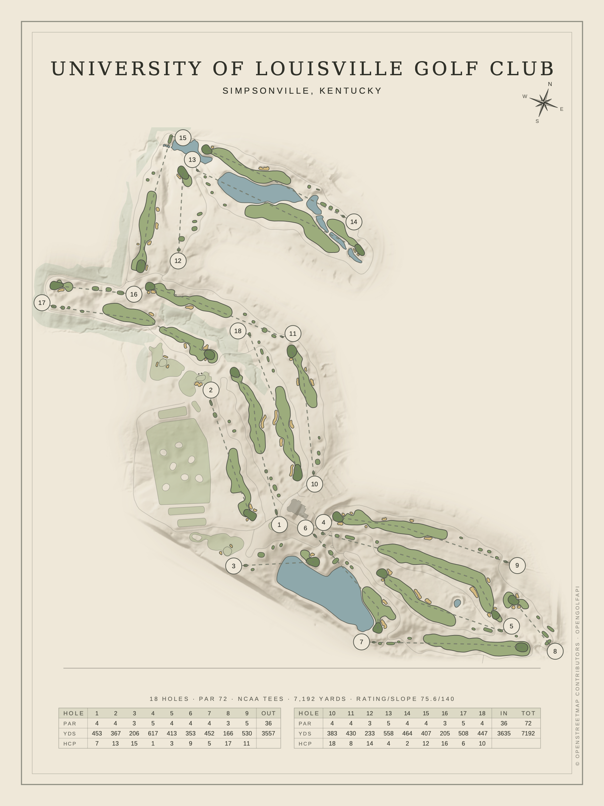 University of Louisville Golf Club course map poster, Classic style, 12×16 / 18×24