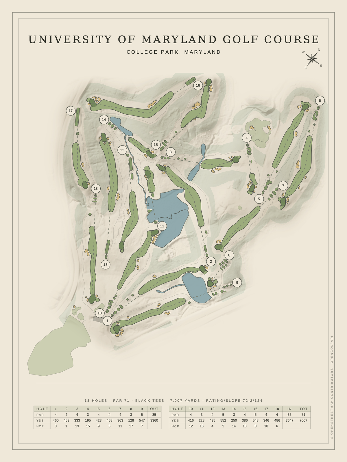 University of Maryland Golf Course map poster, Classic style, 12×16 / 18×24
