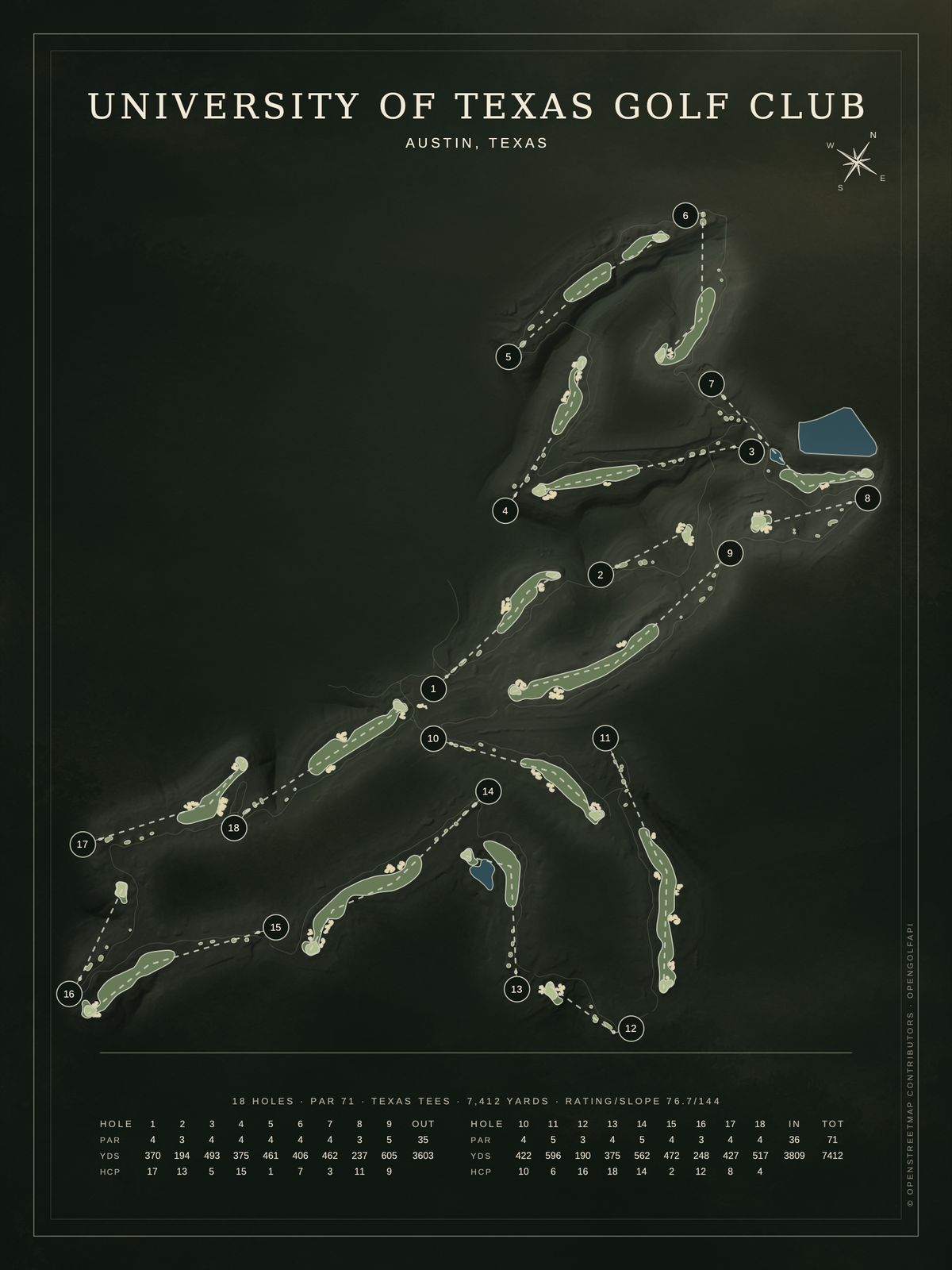 University of Texas Golf Club course map poster, Architectural style, 12×16 / 18×24