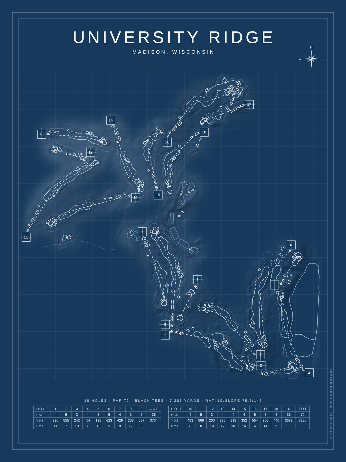 University Ridge course map poster, Blueprint style, 12×16 / 18×24