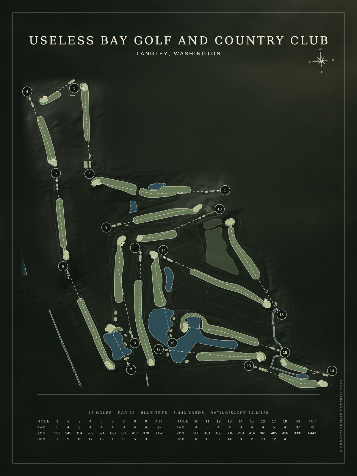 Useless Bay Golf and Country Club course map poster, Architectural style, 12×16 / 18×24