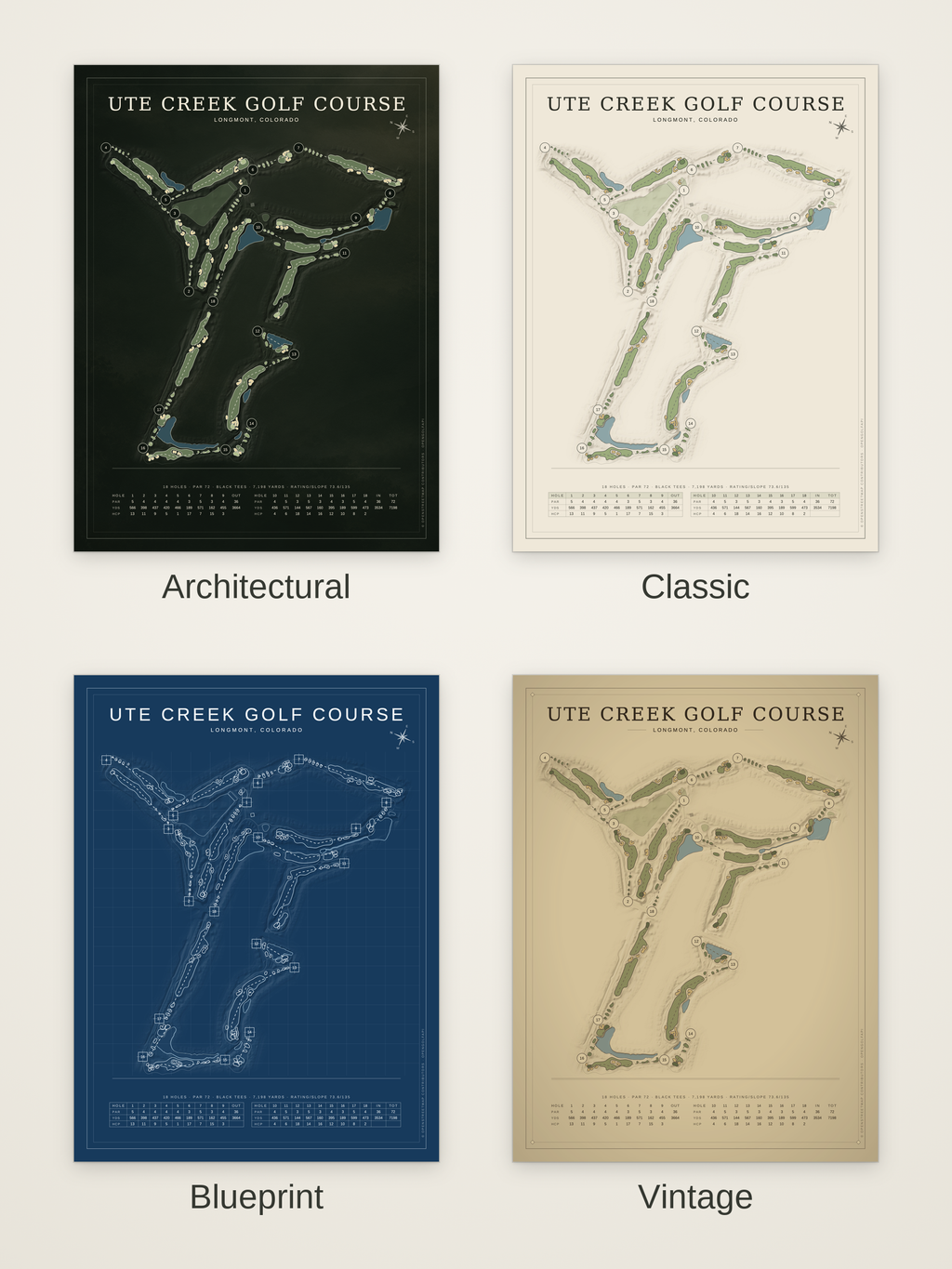 Ute Creek Golf Course map poster in four styles: Architectural, Classic, Blueprint and Vintage