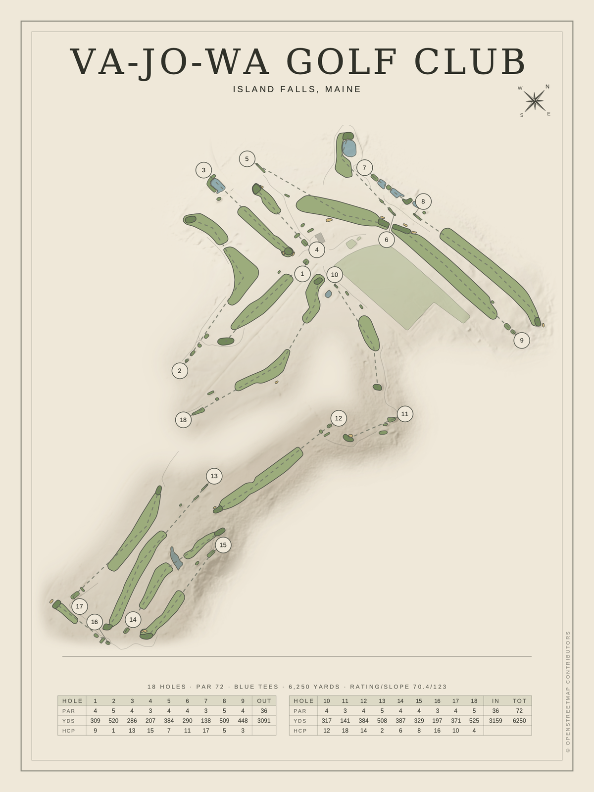Va-Jo-Wa Golf Club course map poster, Classic style, 12×16 / 18×24