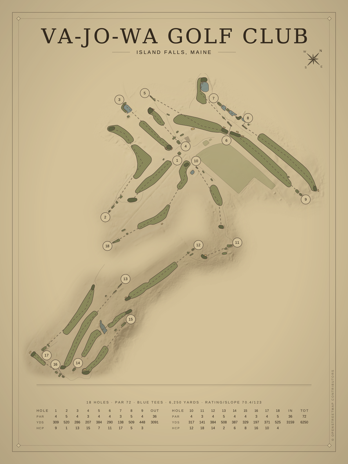 Va-Jo-Wa Golf Club course map poster, Vintage style, 12×16 / 18×24