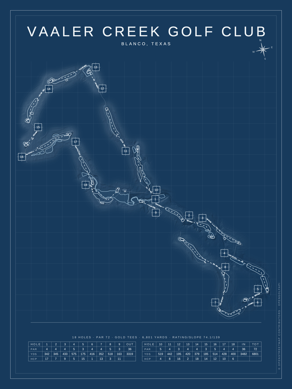 Vaaler Creek Golf Club course map poster, Blueprint style, 12×16 / 18×24