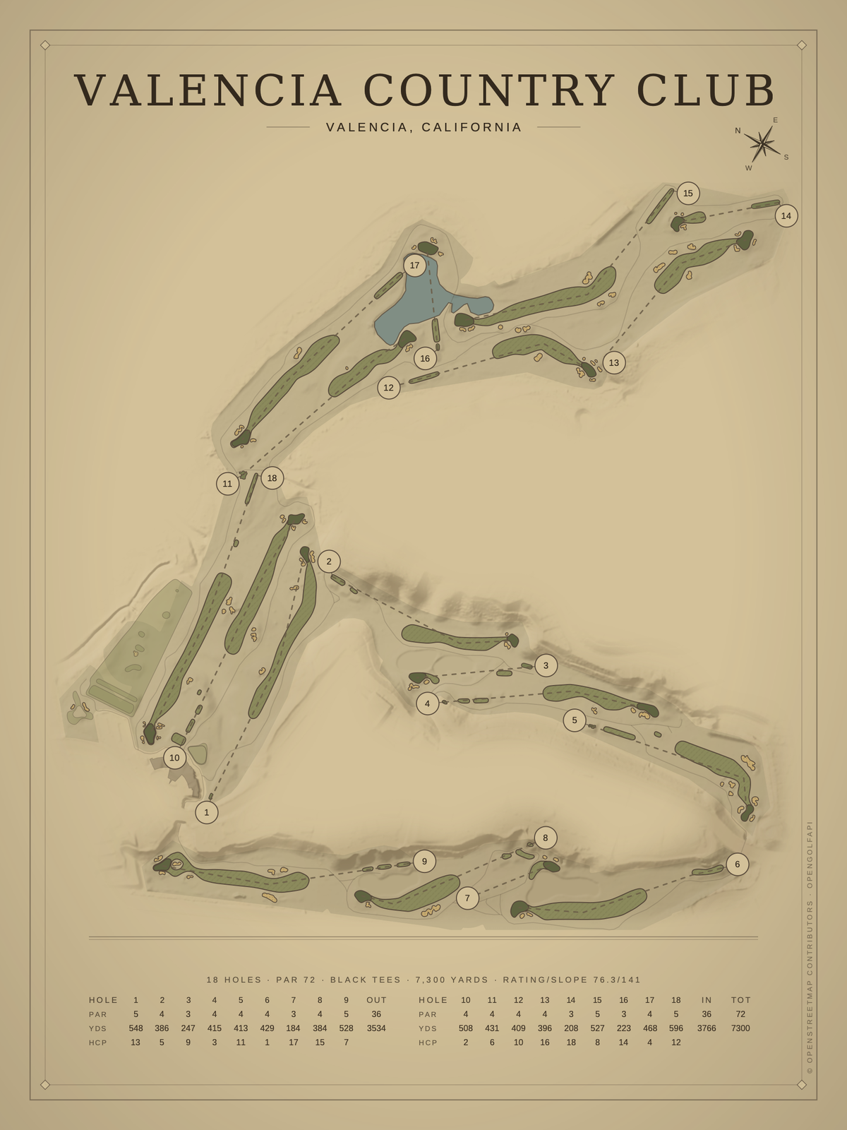 Valencia Country Club course map poster, Vintage style, 12×16 / 18×24