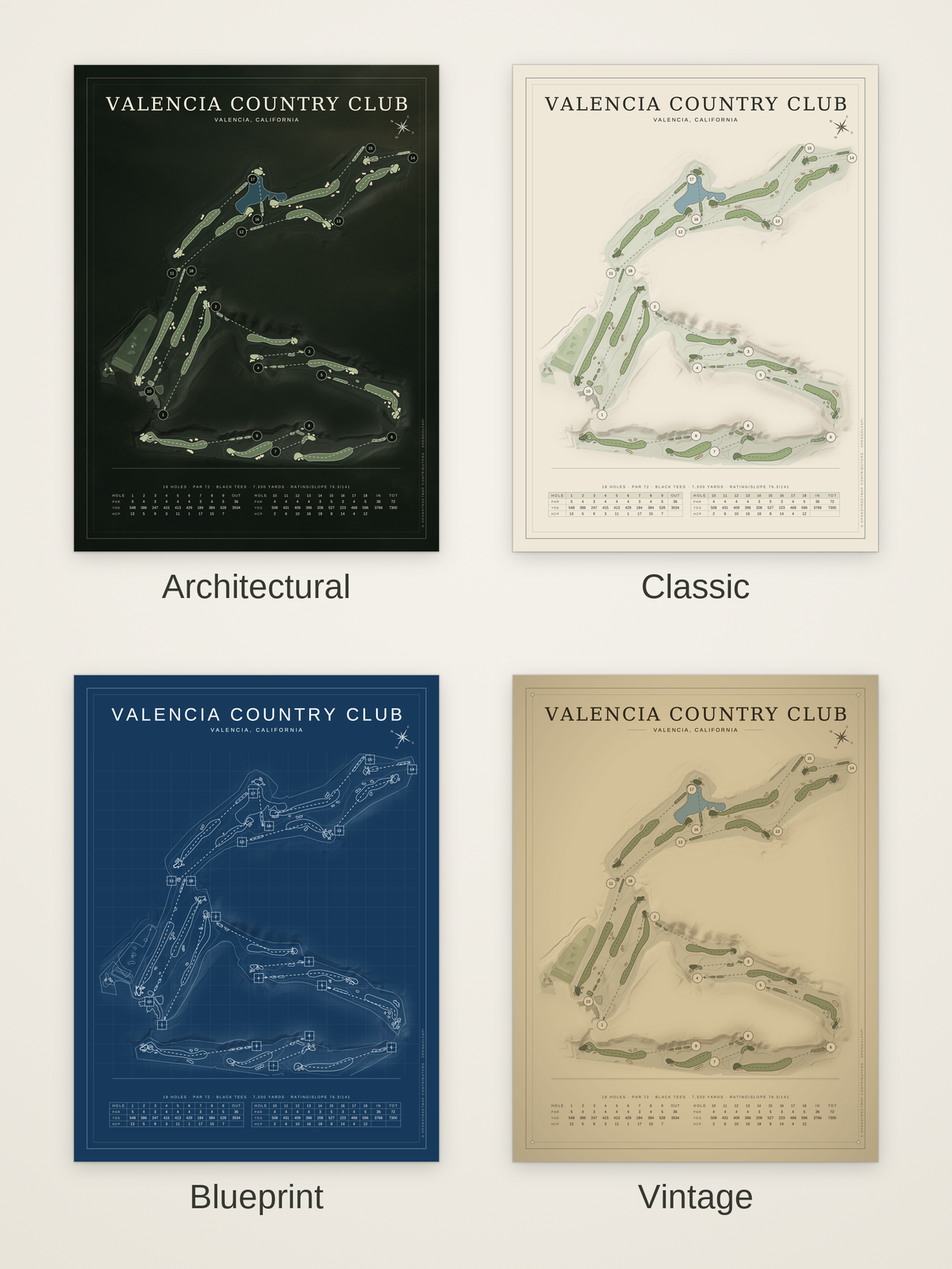 Valencia Country Club course map poster in four styles: Architectural, Classic, Blueprint and Vintage