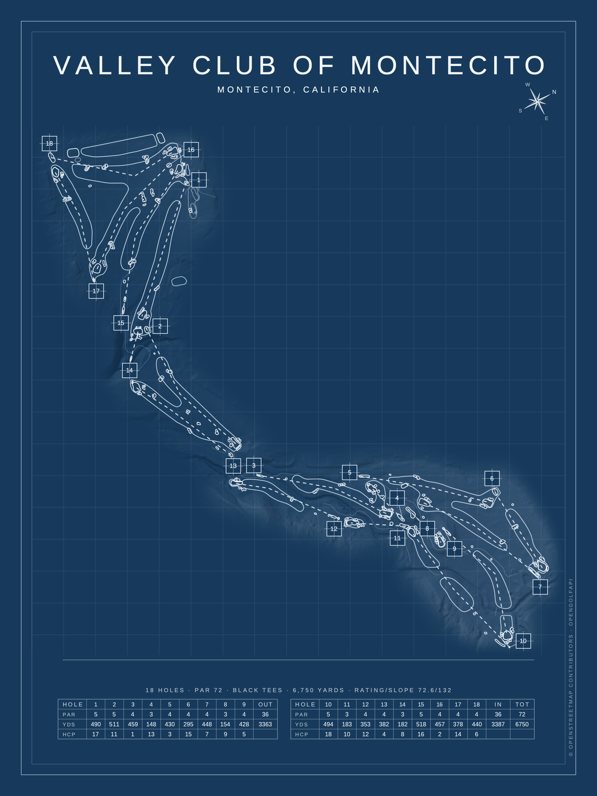 Valley Club of Montecito course map poster, Blueprint style, 12×16 / 18×24