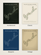 Valley Hi Golf Course map poster in four styles: Architectural, Classic, Blueprint and Vintage