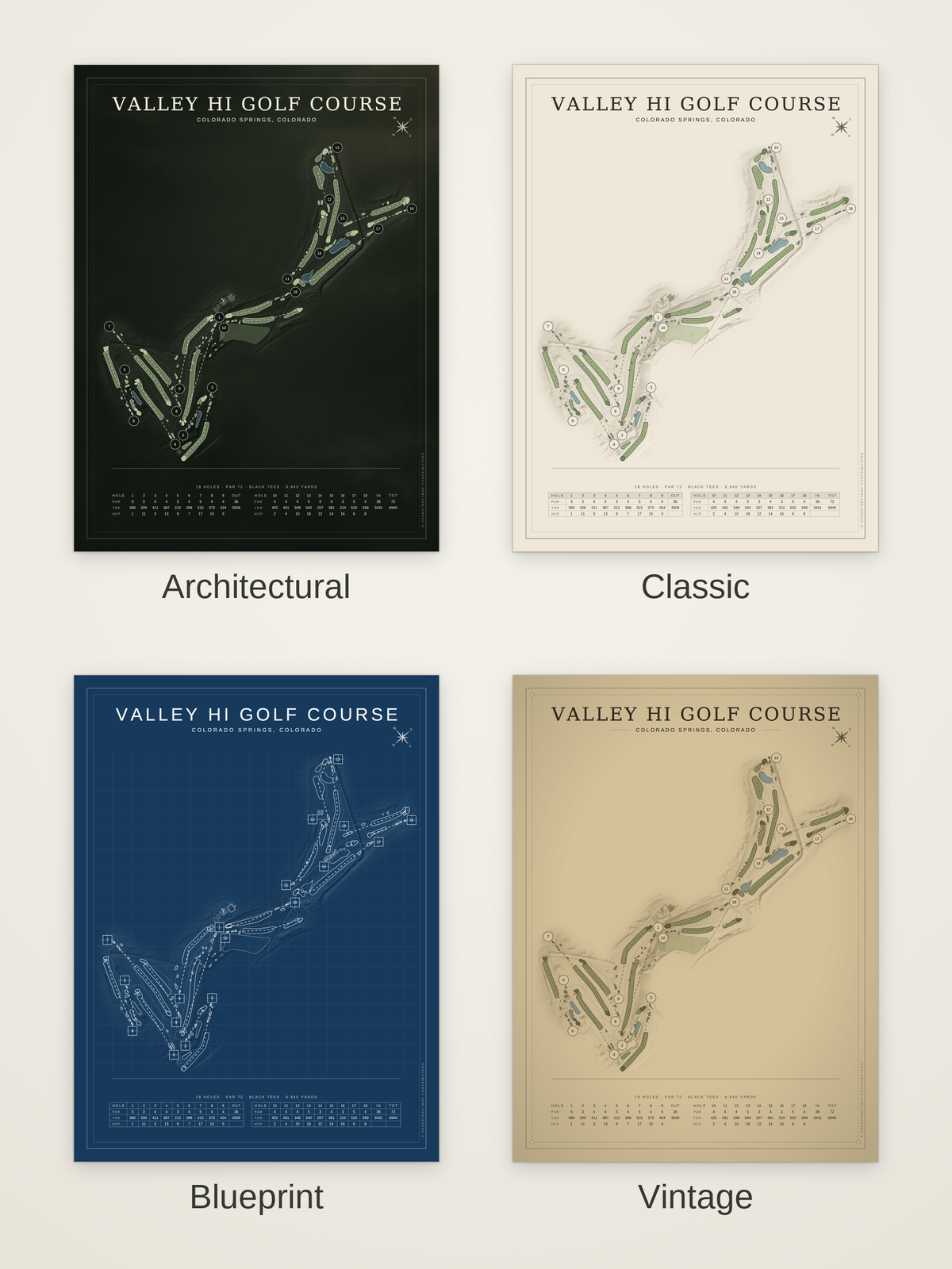 Valley Hi Golf Course map poster in four styles: Architectural, Classic, Blueprint and Vintage