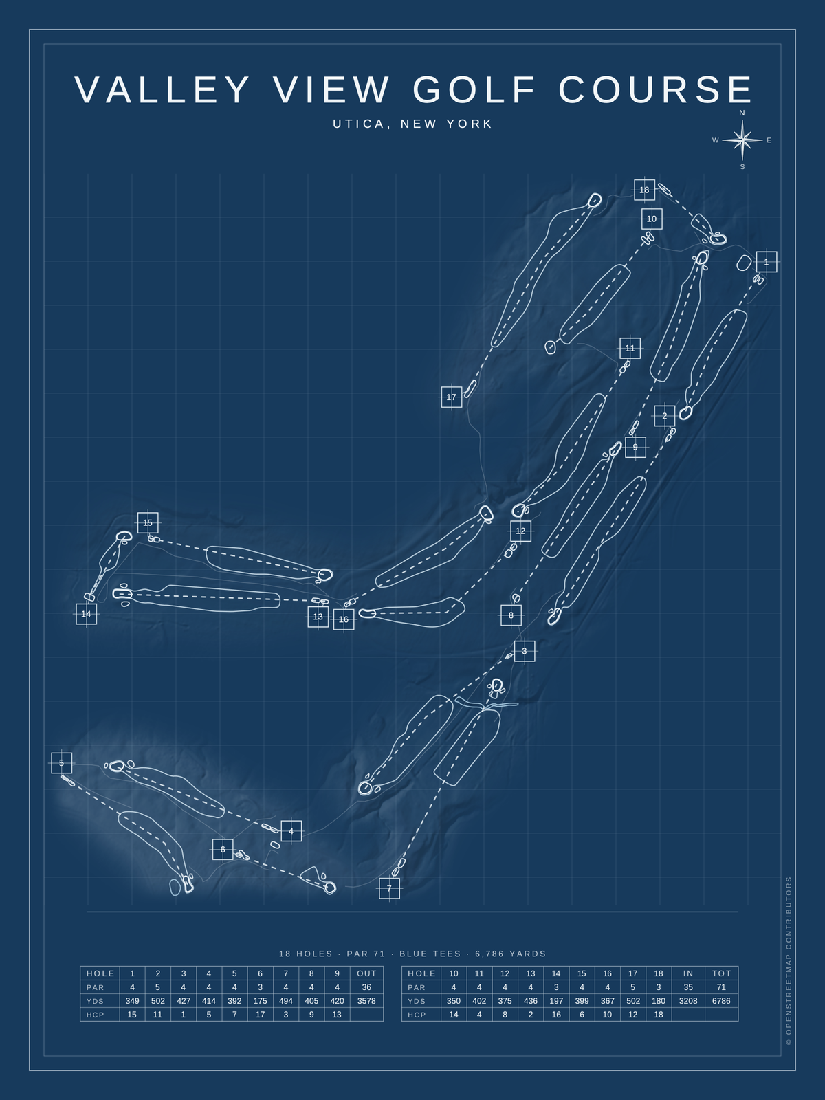 Valley View Golf Course map poster, Blueprint style, 12×16 / 18×24