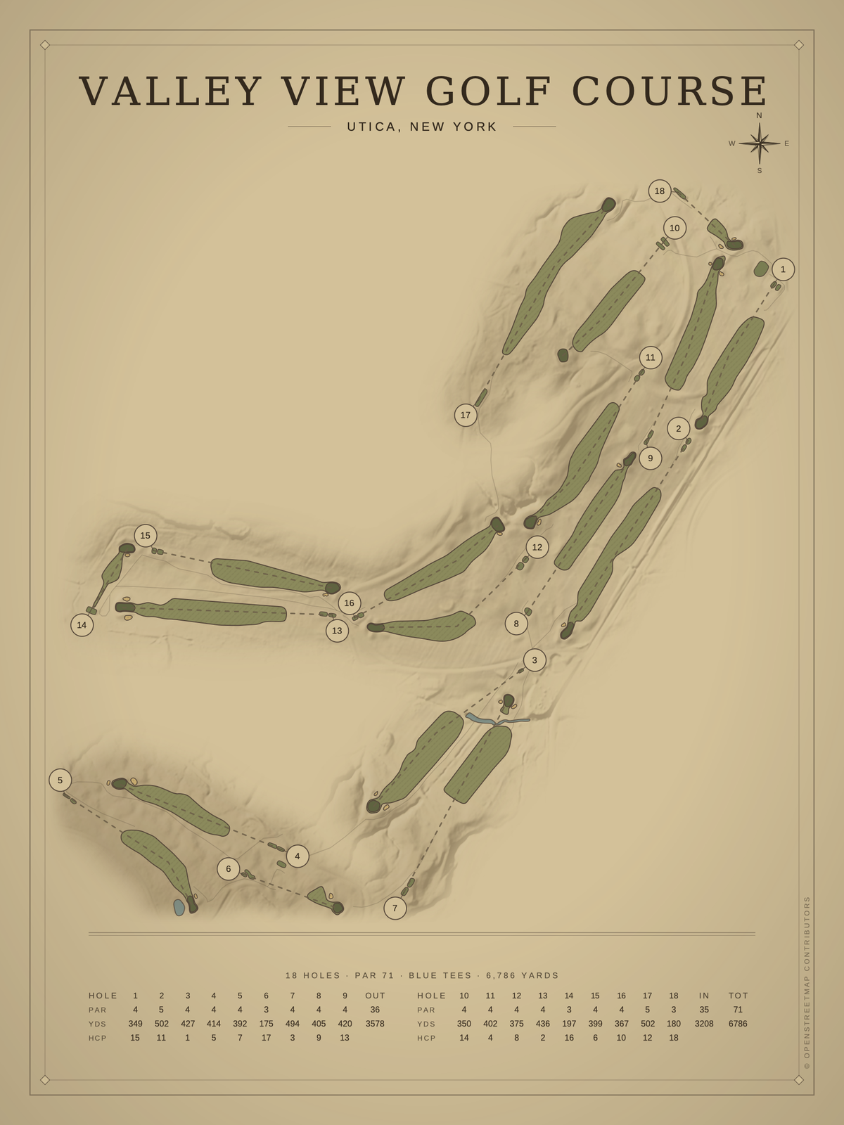 Valley View Golf Course map poster, Vintage style, 12×16 / 18×24