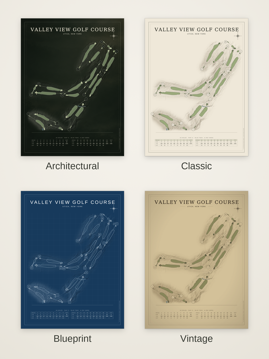 Valley View Golf Course map poster in four styles: Architectural, Classic, Blueprint and Vintage