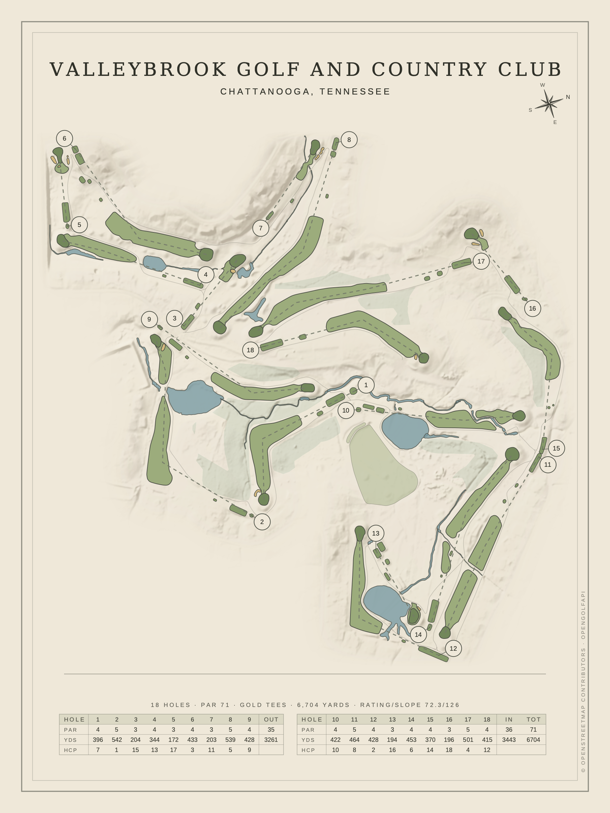Valleybrook Golf and Country Club course map poster, Classic style, 12×16 / 18×24