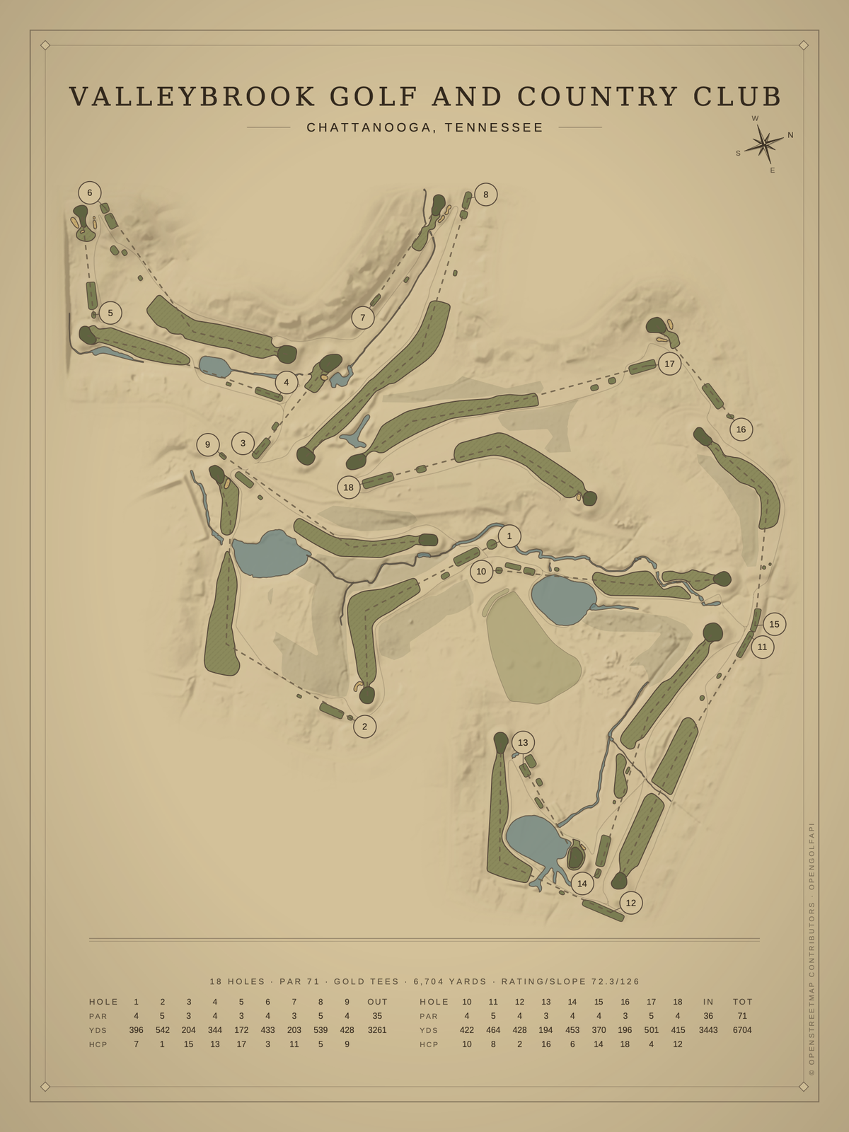 Valleybrook Golf and Country Club course map poster, Vintage style, 12×16 / 18×24