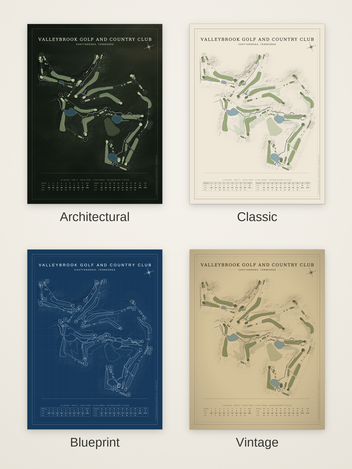 Valleybrook Golf and Country Club course map poster in four styles: Architectural, Classic, Blueprint and Vintage