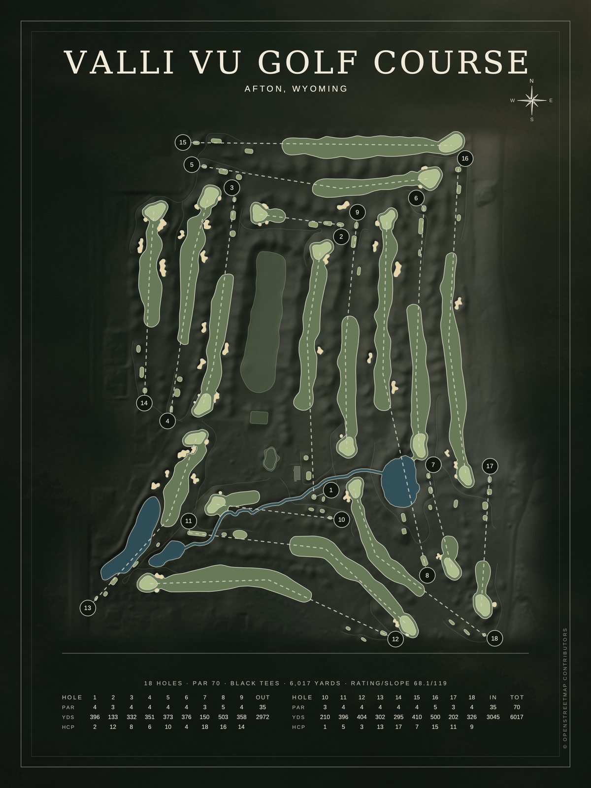 Valli Vu Golf Course map poster, Architectural style, 12×16 / 18×24