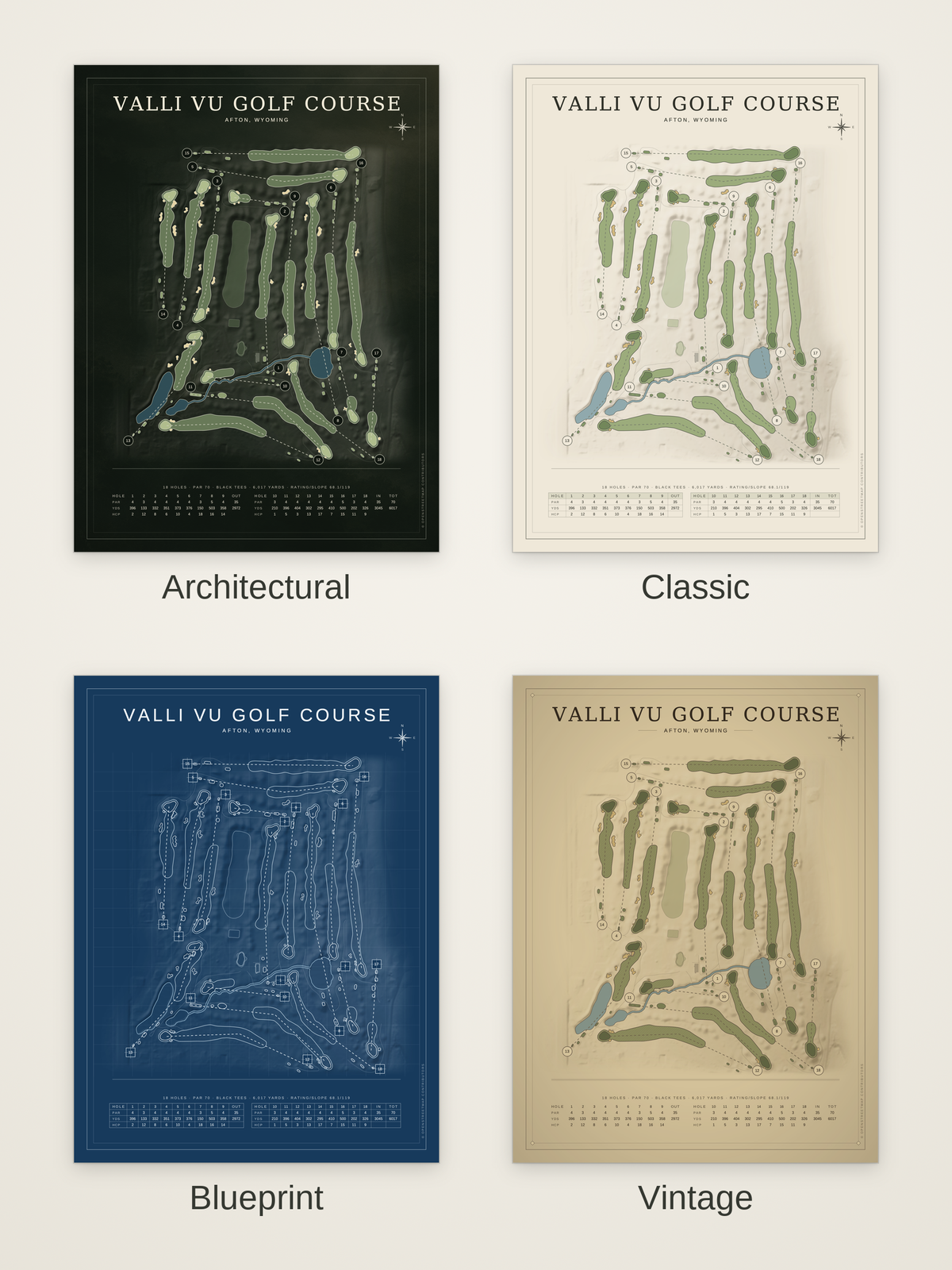 Valli Vu Golf Course map poster in four styles: Architectural, Classic, Blueprint and Vintage