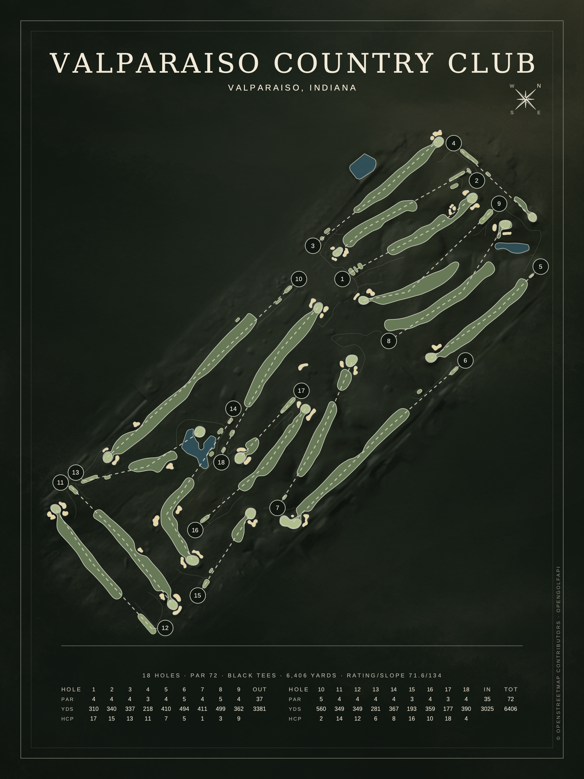Valparaiso Country Club course map poster, Architectural style, 12×16 / 18×24