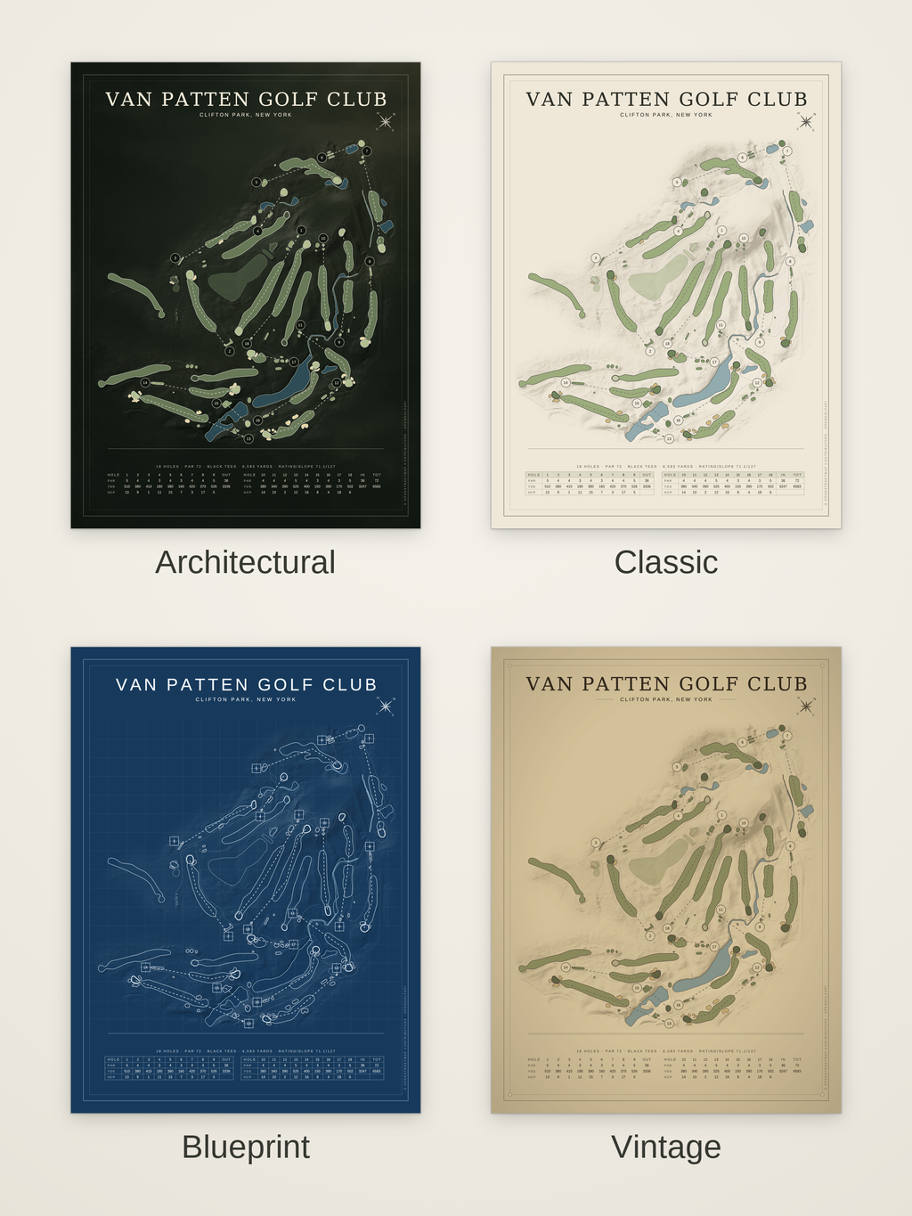 Van Patten Golf Club course map poster in four styles: Architectural, Classic, Blueprint and Vintage