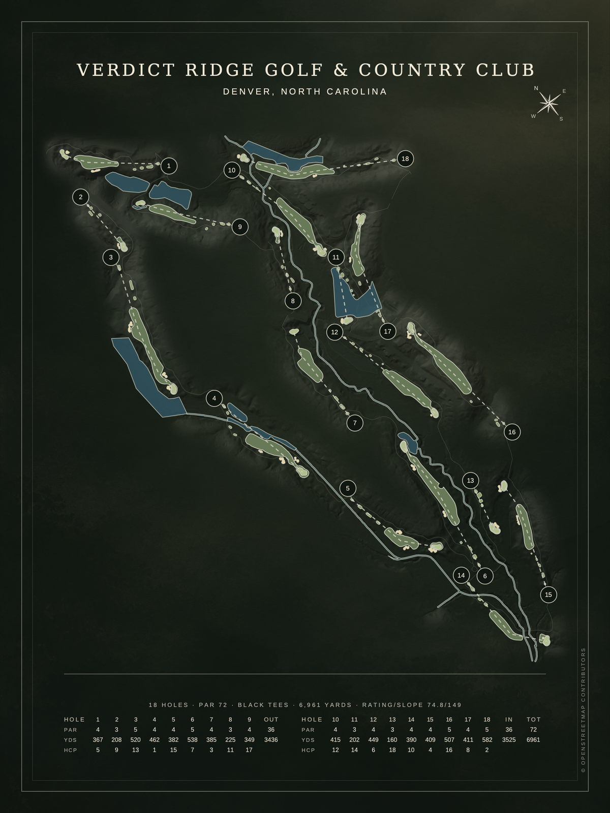 Verdict Ridge Golf & Country Club course map poster, Architectural style, 12×16 / 18×24