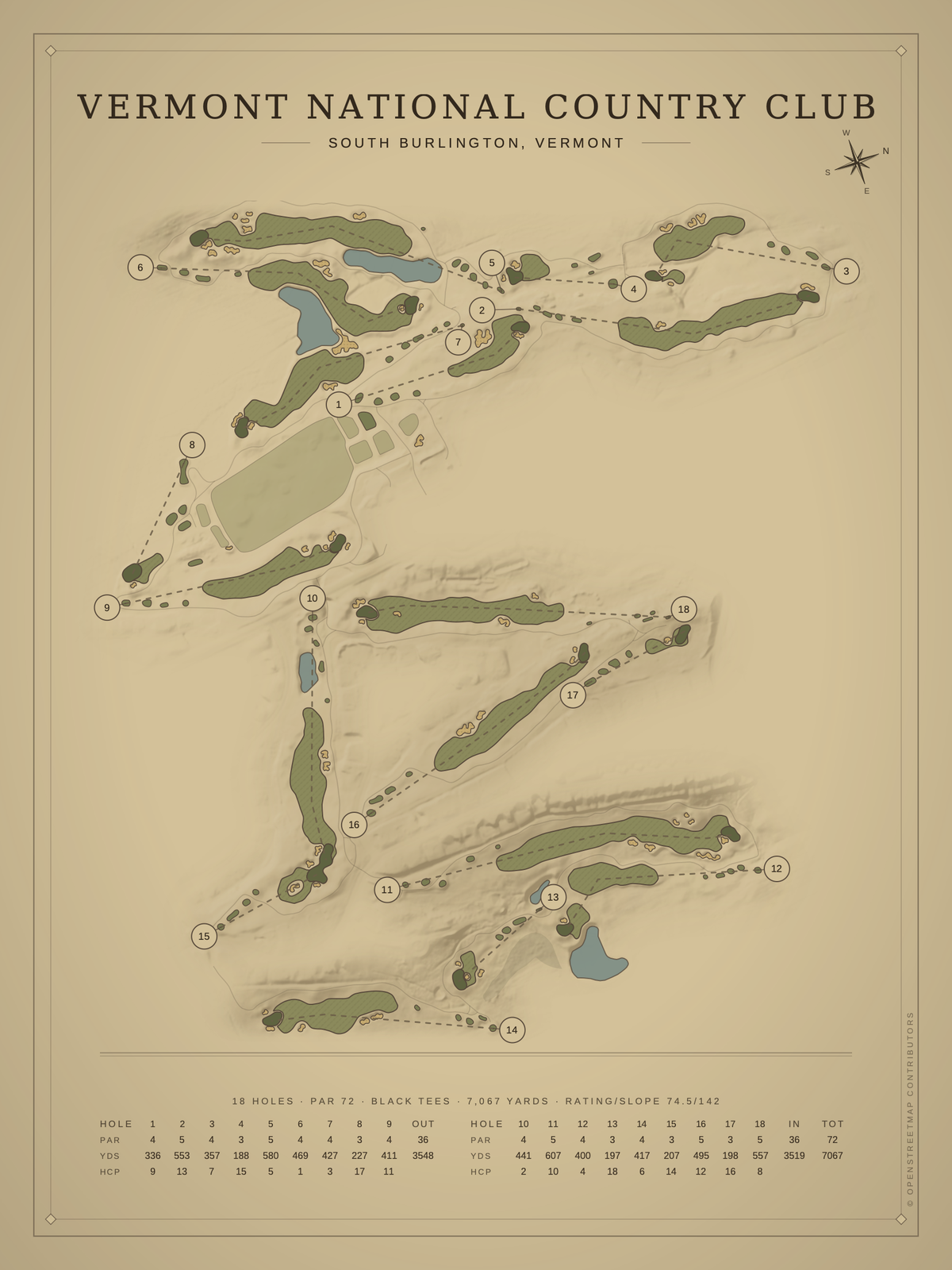Vermont National Country Club course map poster, Vintage style, 12×16 / 18×24