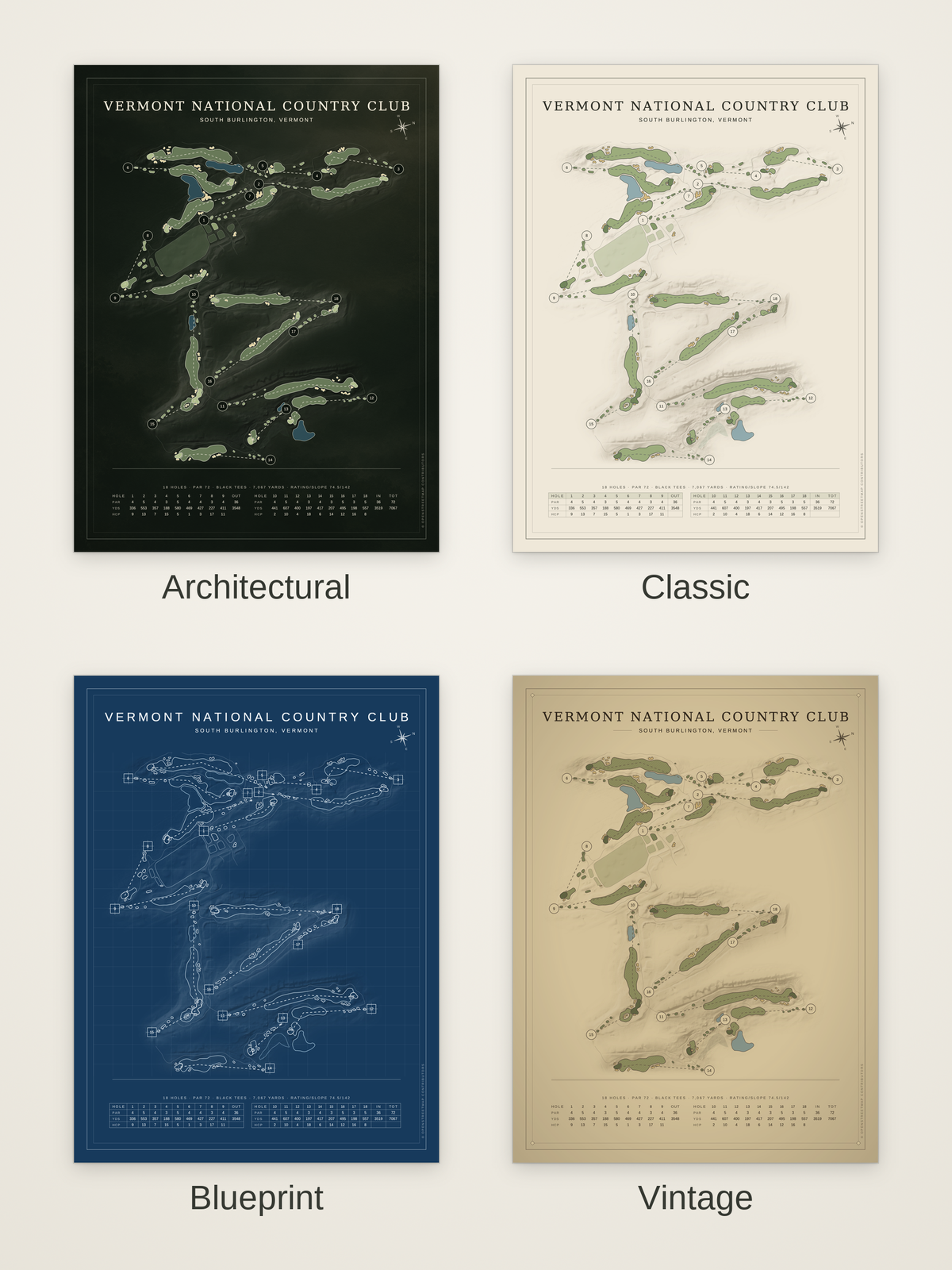 Vermont National Country Club course map poster in four styles: Architectural, Classic, Blueprint and Vintage
