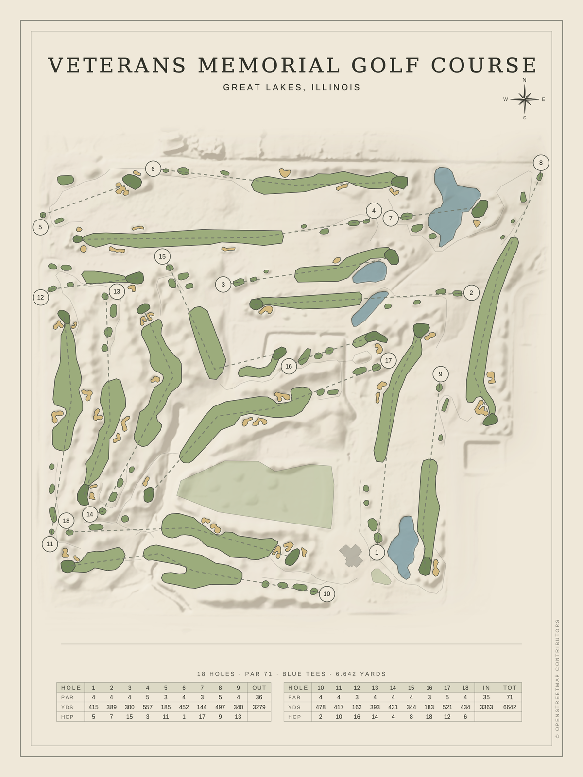 Veterans Memorial Golf Course map poster, Classic style, 12×16 / 18×24
