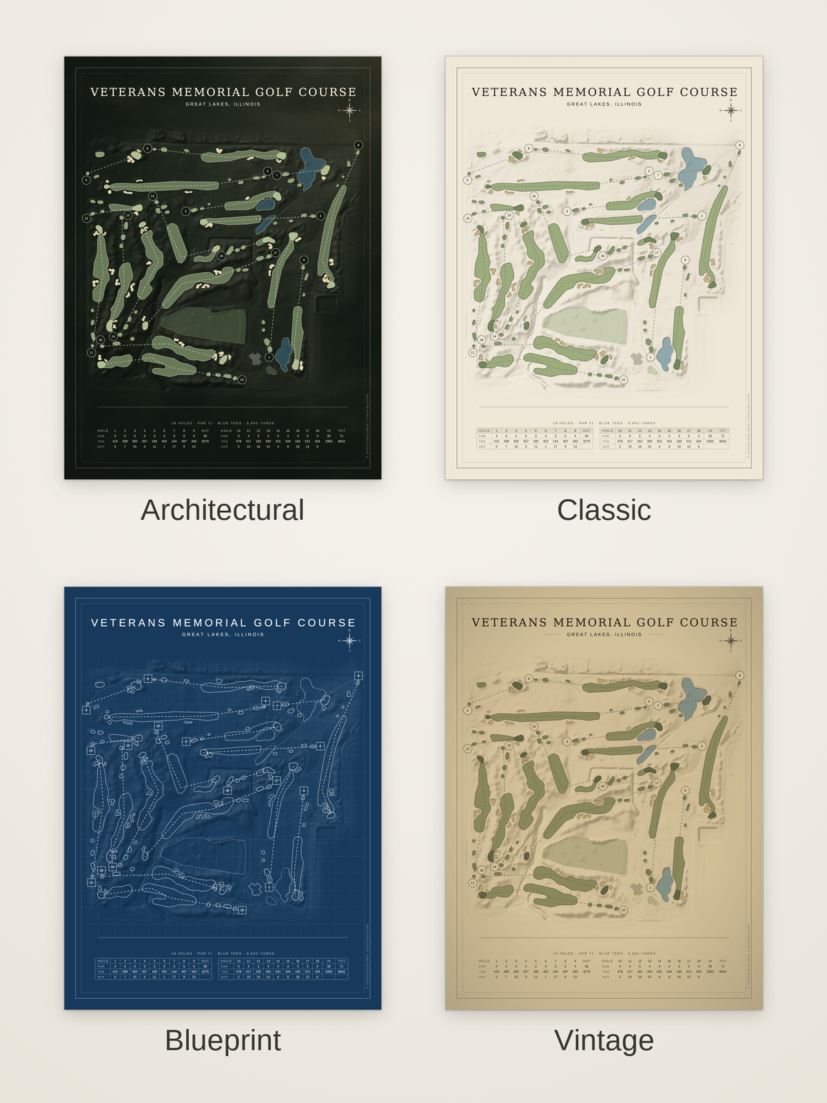 Veterans Memorial Golf Course map poster in four styles: Architectural, Classic, Blueprint and Vintage