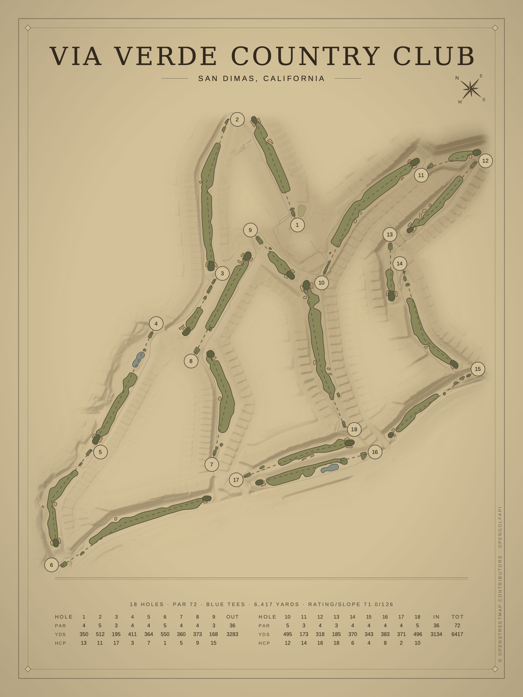 Via Verde Country Club course map poster, Vintage style, 12×16 / 18×24